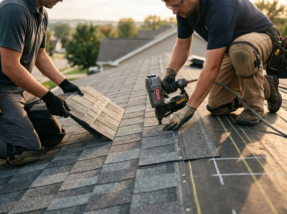 Professional roofer working on a residential roof in Anthem